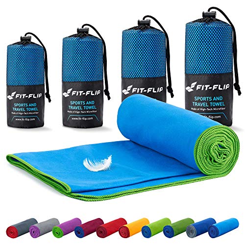 Fit-Flip Toalla Microfibra  en Todos los tamaños / 18 Colores  Ultraligera y compacta  Toalla Secado rapido  Toalla Playa Microfibra y Toalla Deporte Gimnasio (50x110cm Azul - Borde Verde)