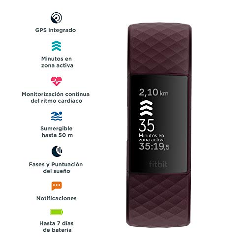 Fitbit Charge 4 Pulsera de actividad premium con GPS integrado, sumergible hasta 50m y 7 dias de batería, Morado (Ciruela)