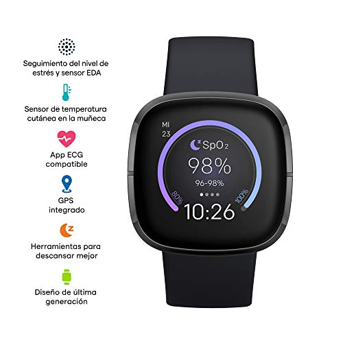 Fitbit Sense - Smartwatch avanzado de salud con herramientas avanzadas de la salud del corazón, gestión del estrés y tendencias de temperatura cutánea, Acero inoxidable grafito, con Alexa integrada