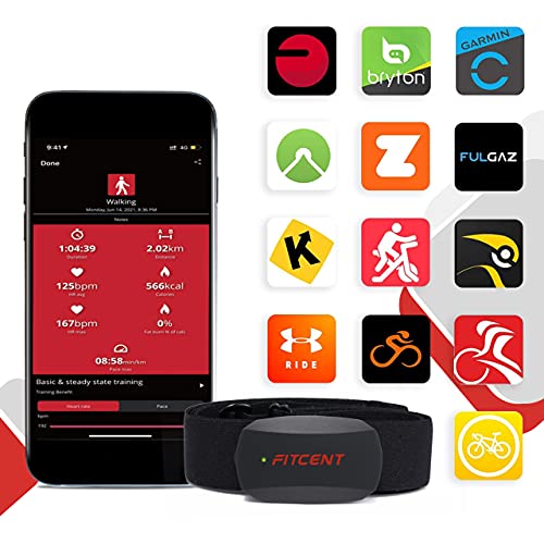 Fitcent Frecuencia Cardíaca Bluetooth Ant+, Sensor de frecuenciacardíaca Banda Monitor Compatible con Garmin Polar Wahoo Zwift Peloton Endomondo