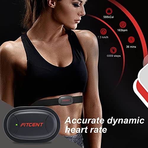 Fitcent Sensor de medición de frecuencia cardíaca, con 5,3 kHz/Bluetooth y Ant+, pulsómetro con banda tórica, monitor de calorías y memoria para ciclismo, correr, fitness