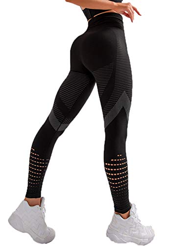 FITTOO Leggings Sin Costuras Corte Hueco Texturizado Tejido Geométrico Mujer Pantalon Deportivo Yoga Elásticos #1 Negro Small