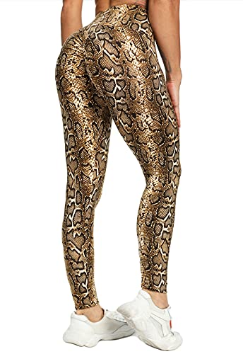 FITTOO Mallas Pantalones Deportivos Leggings Mujer Yoga Alta Cintura Elásticos Fitness Banda Brillante Relieve Push Up Patrón Serpiente Café M