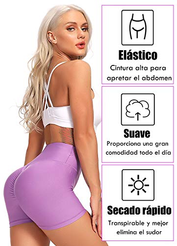 FITTOO Pantalones Cortos Leggings Mujer Mallas Yoga Alta Cintura Elásticos Transpirables #1 Morado Claro XL