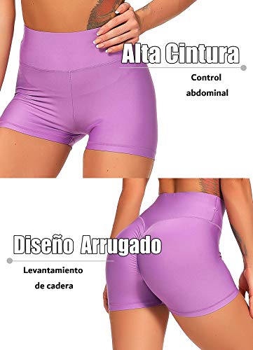 FITTOO Pantalones Cortos Leggings Mujer Mallas Yoga Alta Cintura Elásticos Transpirables #1 Morado Claro XL