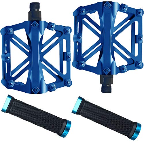 Fiyuer Pedal Bicicleta 4 Pcs Pedales Manillar de Bicicleta de montaña Aluminio manija de puños Pedales rodamiento súper Plat Plateado Estable con Pedal Antideslizante para 9/16 Pulgadas Azul