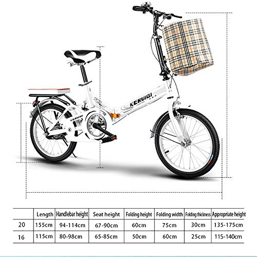 FJW Unisexo Bicicleta Plegable de suspensión 16 Pulgadas 20 Pulgadas Cubo de Rueda de aleación de Aluminio Estudiante Niño Ciudad del Viajero Acero de Alto Carbono Bicicleta,White,20Inch