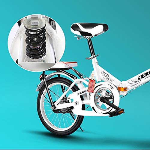 FJW Unisexo Bicicleta Plegable de suspensión 16 Pulgadas 20 Pulgadas Cubo de Rueda de aleación de Aluminio Estudiante Niño Ciudad del Viajero Acero de Alto Carbono Bicicleta,White,16Inch