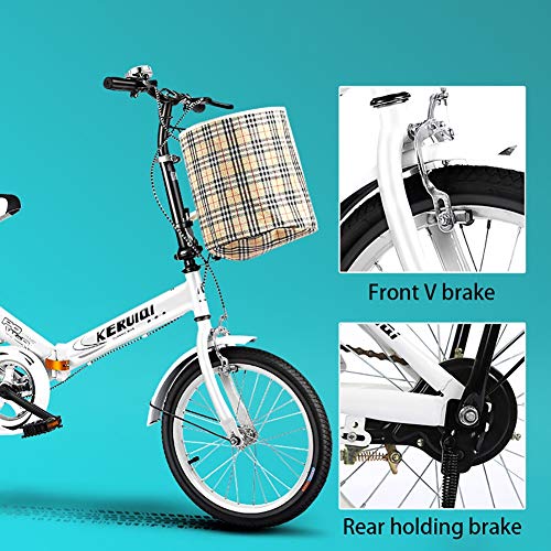 FJW Unisexo Bicicleta Plegable de suspensión 16 Pulgadas 20 Pulgadas Cubo de Rueda de aleación de Aluminio Estudiante Niño Ciudad del Viajero Acero de Alto Carbono Bicicleta,White,16Inch