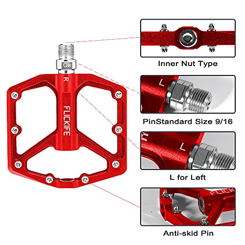 FLICKIFE Pedales de Bicicleta, Pedales Bicicleta MTB Aluminio Plataforma Ligeros Antideslizante Pedales Ciclismo 9/16 Pulgadas para Universal Bicicleta de Carretera BMX MTB Road Bici Rojo