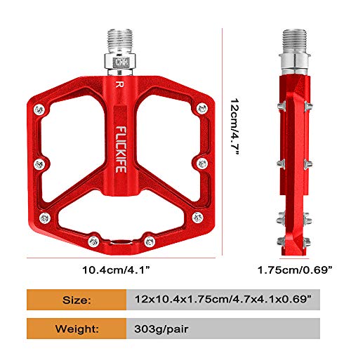 FLICKIFE Pedales de Bicicleta, Pedales Bicicleta MTB Aluminio Plataforma Ligeros Antideslizante Pedales Ciclismo 9/16 Pulgadas para Universal Bicicleta de Carretera BMX MTB Road Bici Rojo