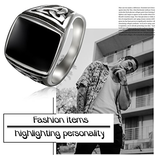 Flongo Anillo de Compromiso de Hombre, Anillo de Sello Grande con Piedra Negra, Anillo de Celta Acero Inoxidable de diseño Retro Vintage, Plateado Negro Talla 24