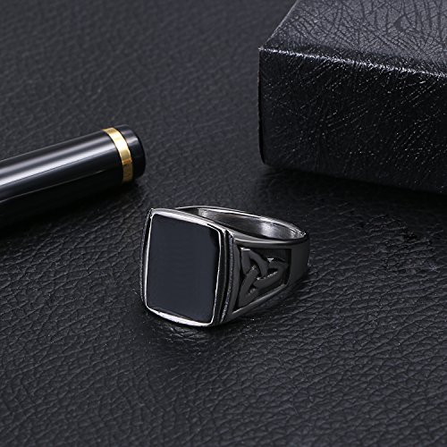 Flongo Anillo de Compromiso de Hombre, Anillo de Sello Grande con Piedra Negra, Anillo de Celta Acero Inoxidable de diseño Retro Vintage, Plateado Negro Talla 24