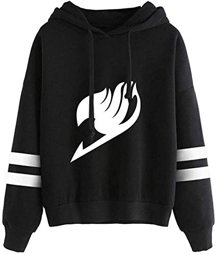 FLYCHEN Hombre Sudadera con Capucha Anime Fairy Tail de Color Sólido Impreso Logo de Manga Larga Jersey Casual - Negro - S