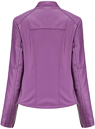 FLYCHEN Mujer Chaqueta Cuero Sintético Biker Chaqueta Saco Blazer Leather Jacket Chaqueta para Mujer Chaqueta con cremallera, Violeta, M