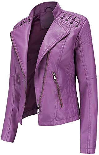 FLYCHEN Mujer Chaqueta Cuero Sintético Biker Chaqueta Saco Blazer Leather Jacket Chaqueta para Mujer Chaqueta con cremallera, Violeta, M