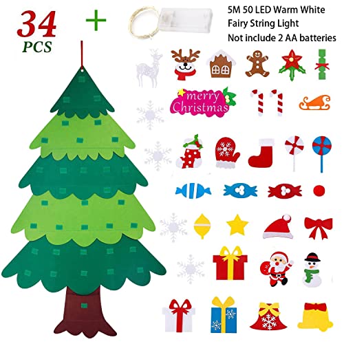 Foho 3D Árbol de Navidad de Fieltro, 34 Ornamentos Desmontables El árbol de Navidad de 3.7ft para Regalos navideños, Decoración de Navidad para Paredes y Puertas del hogar (con Cadena de Luces LED)