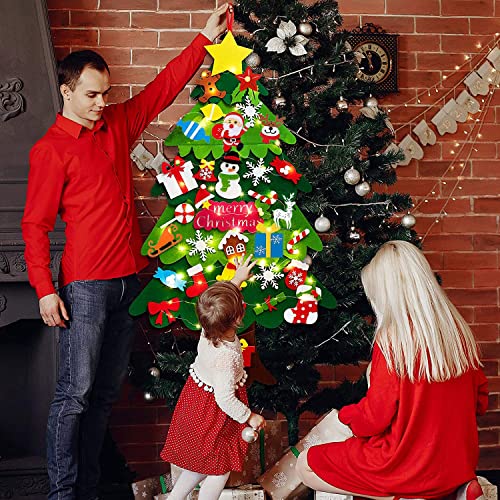 Foho 3D Árbol de Navidad de Fieltro, 34 Ornamentos Desmontables El árbol de Navidad de 3.7ft para Regalos navideños, Decoración de Navidad para Paredes y Puertas del hogar (con Cadena de Luces LED)