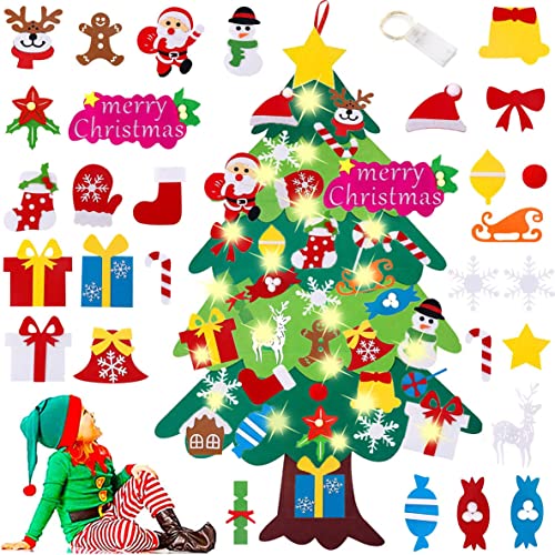 Foho 3D Árbol de Navidad de Fieltro, 34 Ornamentos Desmontables El árbol de Navidad de 3.7ft para Regalos navideños, Decoración de Navidad para Paredes y Puertas del hogar (con Cadena de Luces LED)