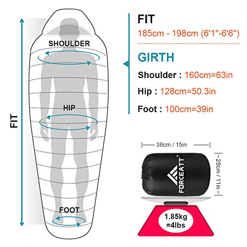 Forceatt Saco de Dormir Momia,Temperatura Aplicable es 5℃-25℃,Sacos de Dormir Compacto para Adultos,3-4 Estaciones,Resistente al Agua y al Desgarro,Ideal para Camping y Trekking