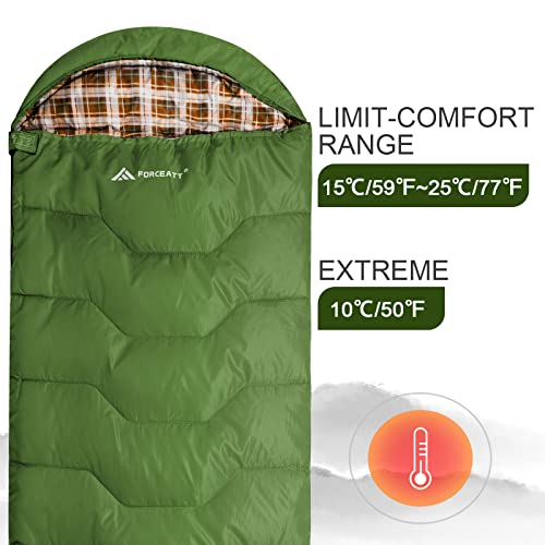 Forceatt Saco de Dormir Rectangular para Acampar, para 3-4 Estaciones, con Bolsa de compresión y Capucha para Viajes, Camping, Senderismo，215 x 80 cm, Temperatura Ideal 10-25°C