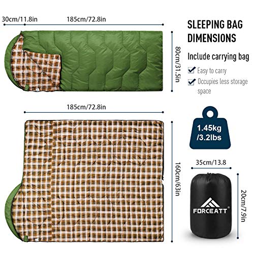 Forceatt Saco de Dormir Rectangular para Acampar, para 3-4 Estaciones, con Bolsa de compresión y Capucha para Viajes, Camping, Senderismo，215 x 80 cm, Temperatura Ideal 10-25°C