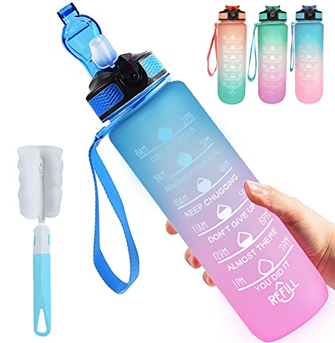 FORMIZON Botella de Agua Deportes, Botella Deportiva 1 Litro con Marcador de Tiempo Motivacional y Cepillo, Reutilizable, Botella de Agua a Prueba de Fugas para Gimnasio Sport Bicicleta