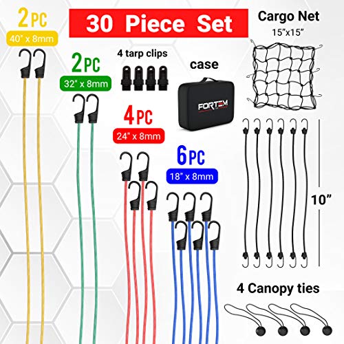 Fortem cuerdas elásticas con ganchos, juego de 30 unidades, lazos para toldo, clips de lona y cuerdas elásticas para bolas, ganchos de metal con revestimiento de plástico, red de carga, resistente