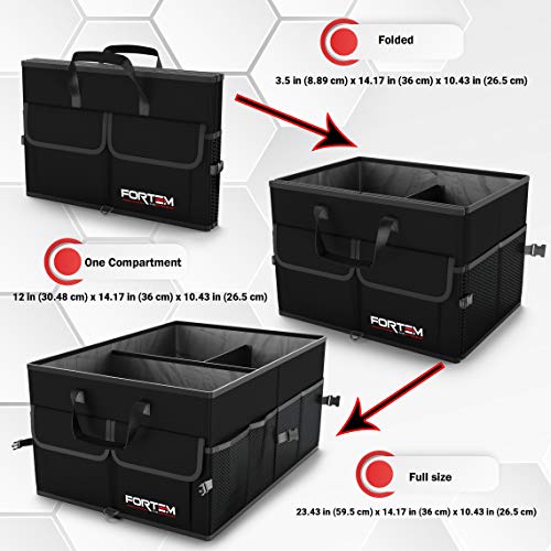 Fortem Organizador de Maletero para Coche, Caja de Almacenamiento Plegable con Compartimentos, Base Antideslizante, Correas, Bolsillos (Grande, Negro)