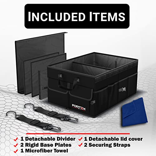 Fortem Organizador de Maletero para Coche, Caja de Almacenamiento Plegable con Compartimentos, Base Antideslizante, Correas, Bolsillos (Grande, Negro)