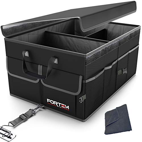 Fortem Organizador de Maletero para Coche, Caja de Almacenamiento Plegable con Compartimentos, Base Antideslizante, Correas, Bolsillos (Grande, Negro)