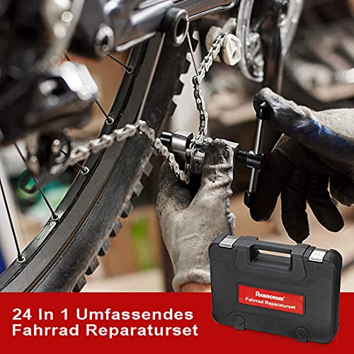 FOURROBBER Juego de herramientas para reparación de bicicleta, 24 piezas, portátil, para neumáticos de bicicleta, cadena, montaje, reparaciones, con maletín de transporte