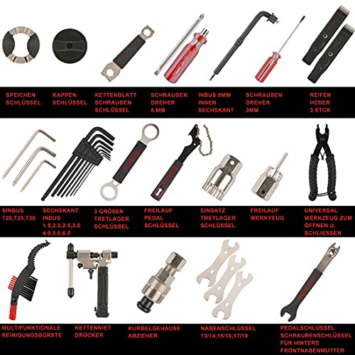 FOURROBBER Juego de herramientas para reparación de bicicleta, 24 piezas, portátil, para neumáticos de bicicleta, cadena, montaje, reparaciones, con maletín de transporte
