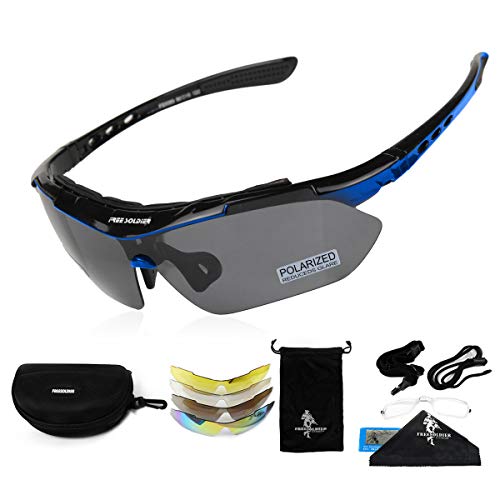 FREE SOLDIER Gafas Ciclismo Hombre Gafas tácticas Militares Gafas Motocross anti-UV400 Gafas de Sol polarizadas 5 en 1 para MTB Airsoft Correr, Pescar, Conducir, Deportes al Aire Libre(Azul)