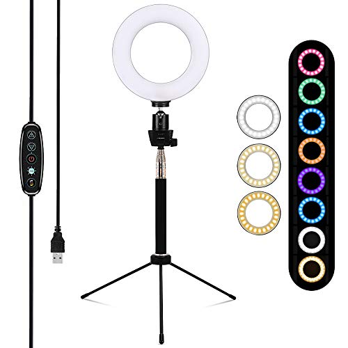 FREESOO Luz de Anillo LED Regulable 6” RGB 8 Colores para Fotografia con Trípode Altura Ajustable con 5 Niveles de Brillo USB para Youtube Disparo Selfie Video Maquillaje