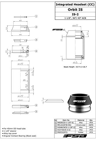 FSA Orbit is-2 1-1/8 Threadless OD 45mm Road Bike Integrated Headset withTop Cap, XTE1535
