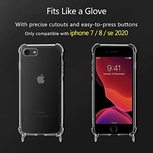 Funda con Cuerda para Apple iPhone 7/ iPhone 8/ iPhone SE 2020, Carcasa Transparente TPU Suave Silicona Case con Correa Colgante Ajustable Collar Correa de Cuello Cadena Cordón - Gris