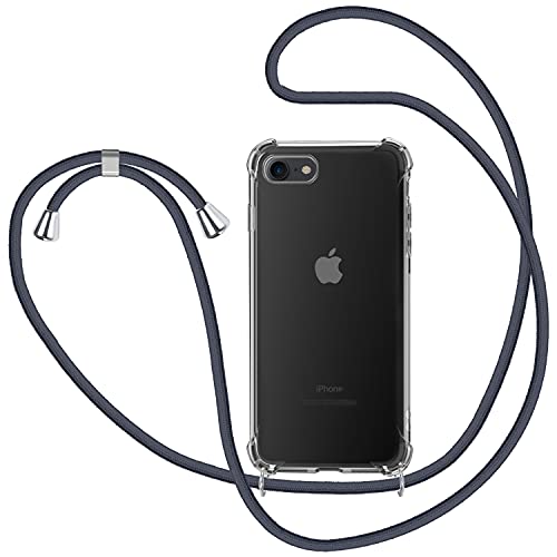 Funda con Cuerda para Apple iPhone 7/ iPhone 8/ iPhone SE 2020, Carcasa Transparente TPU Suave Silicona Case con Correa Colgante Ajustable Collar Correa de Cuello Cadena Cordón - Gris