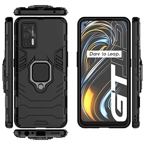 Funda para Realme GT 5G con 2 Piezas Protector de Pantalla Cristal Vidrio Templado, 360 Grados Anillo Iman Soporte Hard PC y Silicona TPU Bumper Cover [Grado Militar Anti-Golpe]