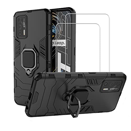 Funda para Realme GT 5G con 2 Piezas Protector de Pantalla Cristal Vidrio Templado, 360 Grados Anillo Iman Soporte Hard PC y Silicona TPU Bumper Cover [Grado Militar Anti-Golpe]