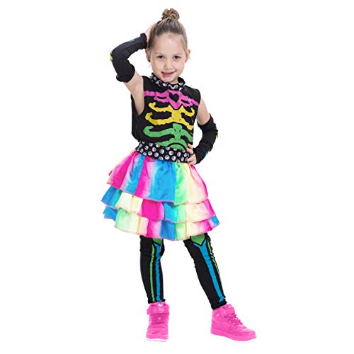 Funky Punky Bones Colorful Skeleton Deluxe Girls Costume Set with Hair Extensions for Halloween Costume Dress Up Parties. (Large ( 10- 12 yrs))