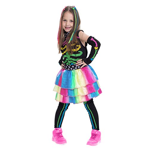 Funky Punky Bones Colorful Skeleton Deluxe Girls Costume Set with Hair Extensions for Halloween Costume Dress Up Parties. (Large ( 10- 12 yrs))