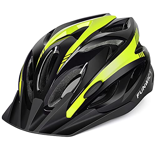 FUNWICT Casco Bicicleta Adulto Casco Ciclismo Montaña Ajustable con Visera Respirable Casco MTB para Hombre Mujer Tamaño 57-61 CM (Amarillo Negro)