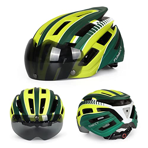 FUNWICT Casco Bicicleta Hombre Casco MTB con Gafas Magnéticas Extraíbles y Forro Interior Casco Bicicleta con Luz Trasera LED para Ciclismo 57-61 CM (Verde Amarillo)