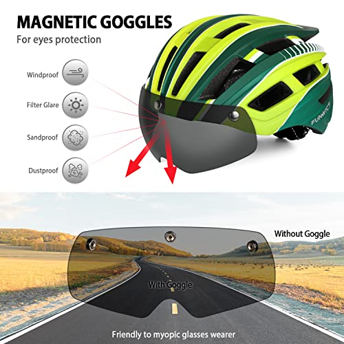 FUNWICT Casco Bicicleta Hombre Casco MTB con Gafas Magnéticas Extraíbles y Forro Interior Casco Bicicleta con Luz Trasera LED para Ciclismo 57-61 CM (Verde Amarillo)