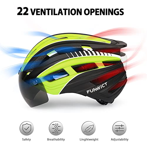 FUNWICT Casco Bicicleta Hombre Casco MTB con Gafas Magnéticas Extraíbles y Forro Interior Casco Bicicleta con Luz Trasera LED para Ciclismo 57-61 CM (Amarillo Negro)