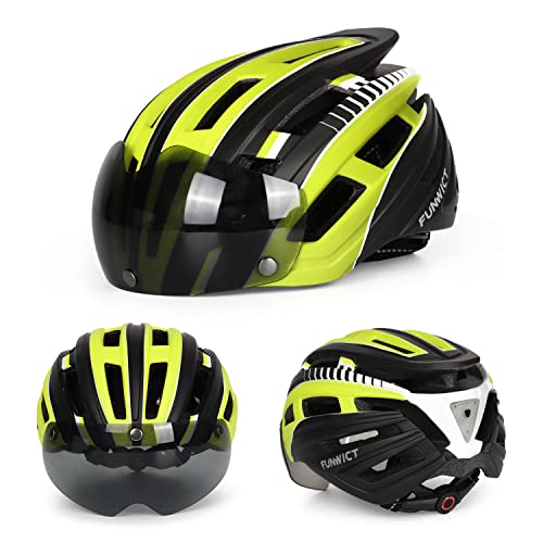 FUNWICT Casco Bicicleta Hombre Casco MTB con Gafas Magnéticas Extraíbles y Forro Interior Casco Bicicleta con Luz Trasera LED para Ciclismo 57-61 CM (Amarillo Negro)