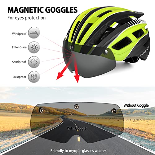 FUNWICT Casco Bicicleta Hombre Casco MTB con Gafas Magnéticas Extraíbles y Forro Interior Casco Bicicleta con Luz Trasera LED para Ciclismo 57-61 CM (Amarillo Negro)