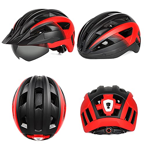 FUNWICT Casco Bicicleta para Ciclismo de Montaña Casco MTB Adulto con Visera y Gafas Desmontables Casco Ciclismo para Hombre Mujer de Tamaño 57-62cm (BKRed)