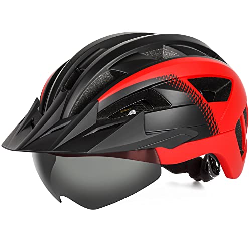 FUNWICT Casco Bicicleta para Ciclismo de Montaña Casco MTB Adulto con Visera y Gafas Desmontables Casco Ciclismo para Hombre Mujer de Tamaño 57-62cm (BKRed)